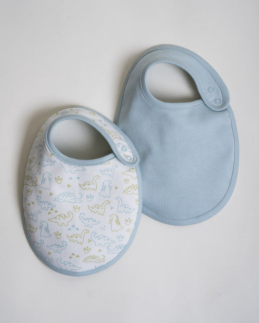 Twingle 100% Organic Cotton Round Bib-Snap Button-Adjustable Size-Tag-Free Comfort-White-Dino Print-Pack of 2-For Newborn
