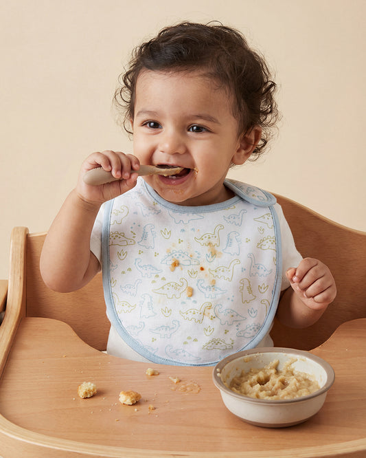 Twingle 100% Organic Cotton Round Bib-Snap Button-Adjustable Size-Tag-Free Comfort-White-Dino Print-Pack of 2-For Newborn