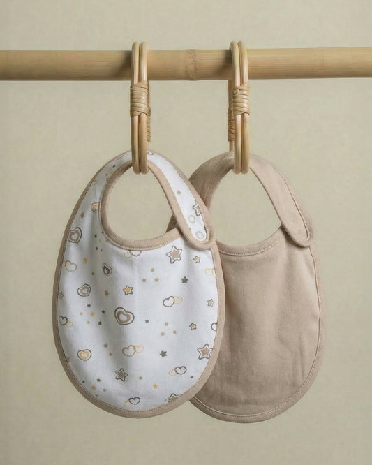 Twingle 100% Organic Cotton Round Bib-Snap Button-Adjustable Size-Tag-Free Comfort-White-Hearts & Stars-Pack of 2-For Newborn