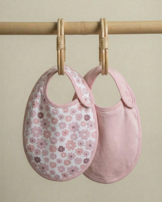 Twingle 100% Organic Cotton Round Bib-Snap Button-Adjustable Size-Tag-Free Comfort-White-Floral Print-Pack of 2-For Newborn