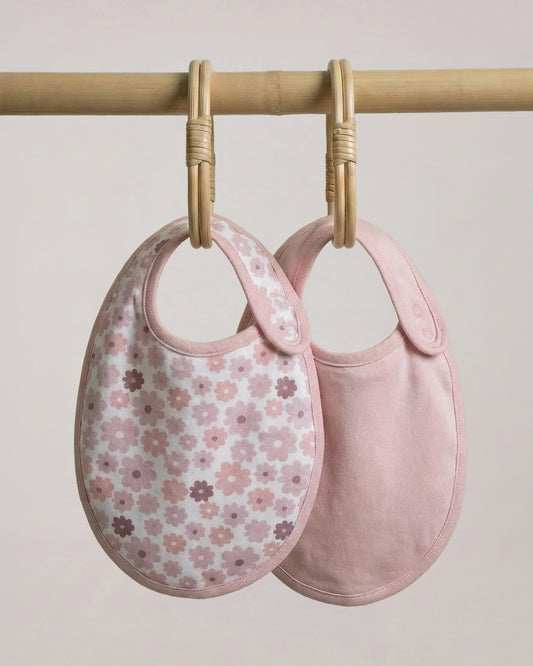 Twingle 100% Organic Cotton Round Bib-Snap Button-Adjustable Size-Tag-Free Comfort-White-Floral Print-Pack of 2-For Newborn
