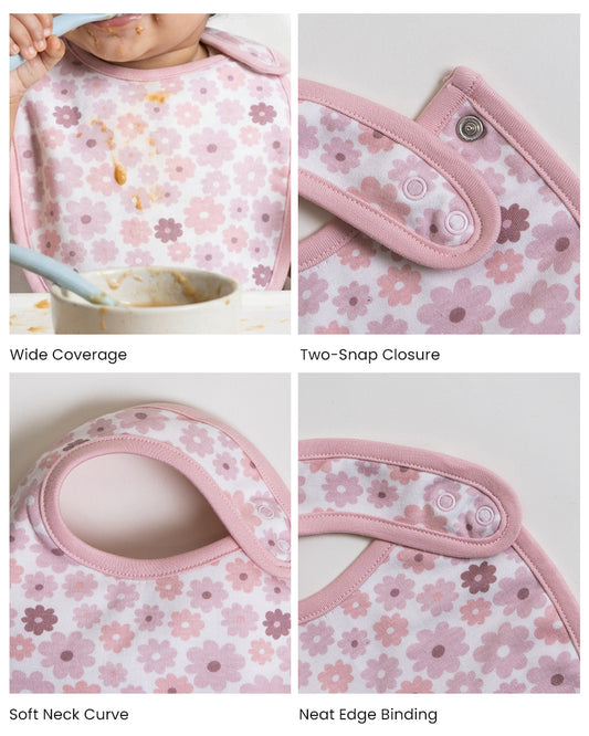 Twingle 100% Organic Cotton Round Bib-Snap Button-Adjustable Size-Tag-Free Comfort-White-Floral Print-Pack of 2-For Newborn