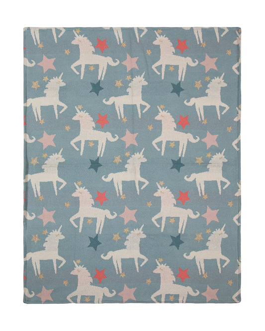 Pomme Unicorn Knitted Ultra Soft Sherpa Blanket-100% Cotton-Cyan Blue-For Infants