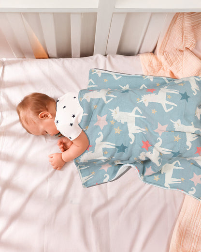 Pomme Unicorn Knitted Ultra Soft Sherpa Blanket-100% Cotton-Cyan Blue-For Infants