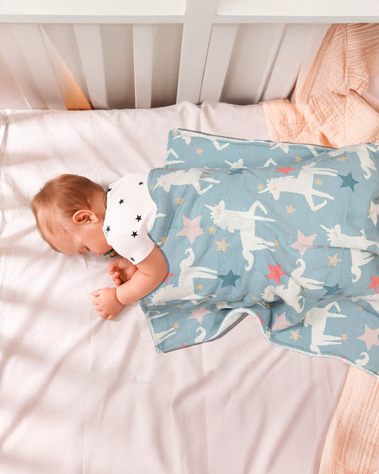 Pomme Unicorn Knitted Ultra Soft Sherpa Blanket-100% Cotton-Cyan Blue-For Infants