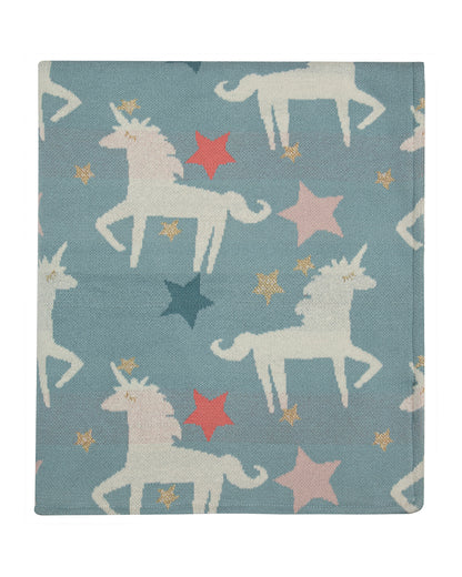 Pomme Unicorn Knitted Ultra Soft Sherpa Blanket-100% Cotton-Cyan Blue-For Infants
