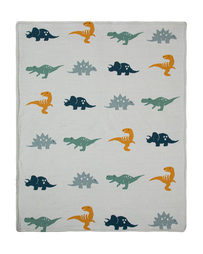 Pomme Dinosaur Family Knitted Ultra Soft Sherpa Blanket-100% Cotton-White-For Infants