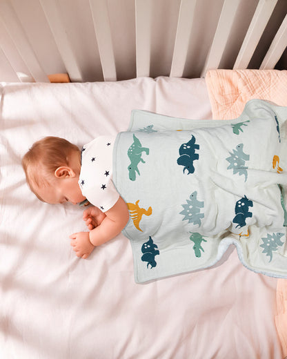 Pomme Dinosaur Family Knitted Ultra Soft Sherpa Blanket-100% Cotton-White-For Infants