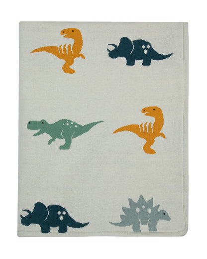 Pomme Dinosaur Family Knitted Ultra Soft Sherpa Blanket-100% Cotton-White-For Infants