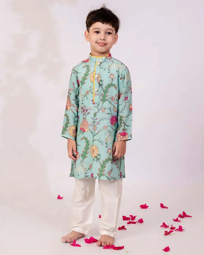 Mimosa Light Blue Kurta Set-Floral Print-Chanderi Cotton Silk-For Infants
