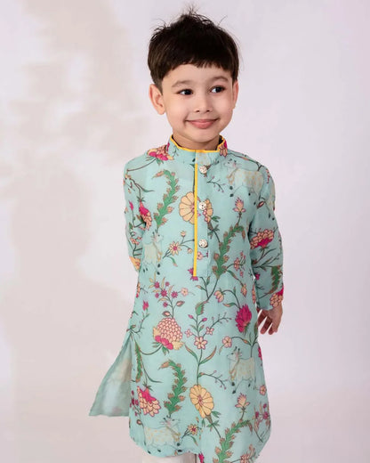 Mimosa Light Blue Kurta Set-Floral Print-Chanderi Cotton Silk-For Infants