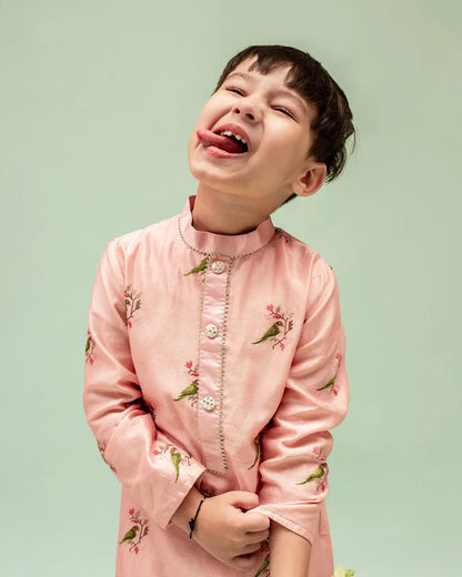 Mimosa Pastel Pink Kurta Set-Embroidered-Linen Chanderi-For Infants