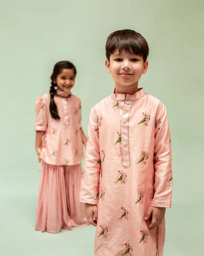 Mimosa Pastel Pink Kurta Set-Embroidered-Linen Chanderi-For Infants