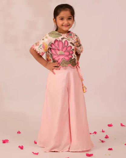 Mimosa Pastel Pink Top & Culottes Set-Floral Print-Cotton Silk-For Infants