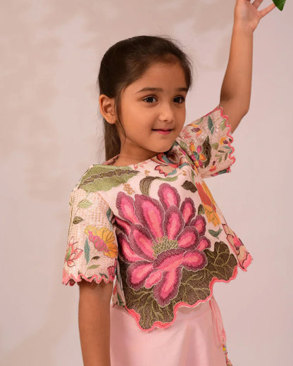 Mimosa Pastel Pink Top & Culottes Set-Floral Print-Cotton Silk-For Infants