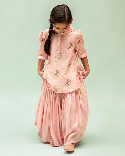 Mimosa Peach Sharara Set-Embroidered-Chanderi-For Infants