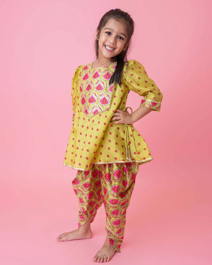 Mimosa Golden Kurta Dhoti Set-Embellished-Chanderi-For Infants