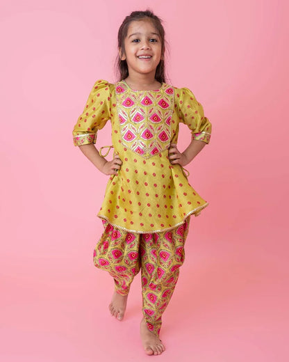Mimosa Golden Kurta Dhoti Set-Embellished-Chanderi-For Infants