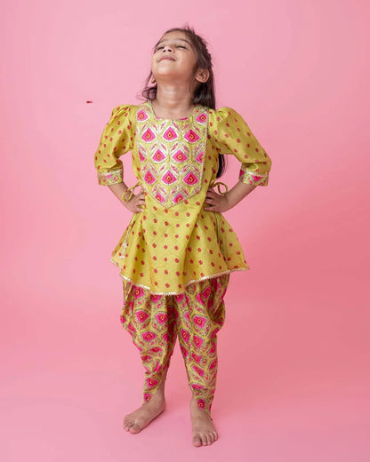 Mimosa Golden Kurta Dhoti Set-Embellished-Chanderi-For Infants