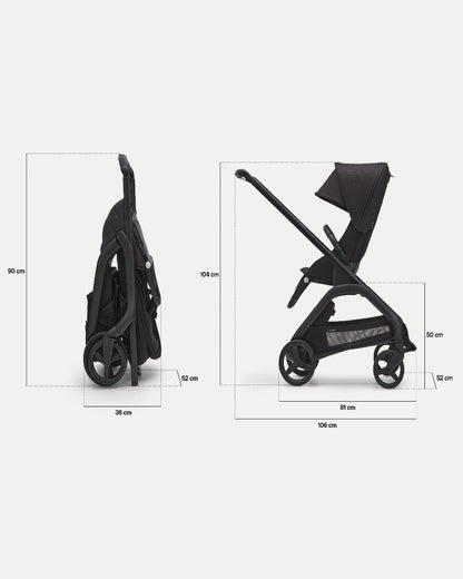 Bugaboo Dragonfly Lightweight Stroller-Unique & Patented One Hand Fold-Reversible & Flat Reclining Seat-Height Adjustable Parent Handle Bar-Travel System Compatible-Extra Large Storage Basket With Removable Bag-2 Years Warranty-For 0 to 4Y-Midnight Black