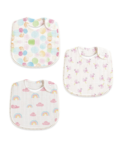 Polka Tots 100% Soft Muslin Cotton Bib With Lace Border-Two Push Buttons-Pack of 3-Pastel-For Infants