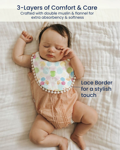 Polka Tots 100% Soft Muslin Cotton Bib With Lace Border-Two Push Buttons-Pack of 3-Pastel-For Infants