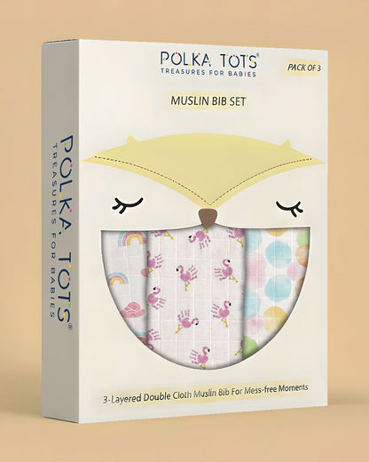 Polka Tots 100% Soft Muslin Cotton Bib With Lace Border-Two Push Buttons-Pack of 3-Pastel-For Infants
