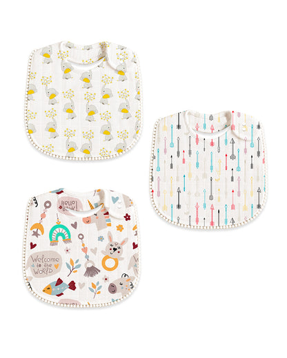 Polka Tots 100% Soft Muslin Cotton Bib With Lace Border-Two Push Buttons-Pack of 3-Multicolor-For Infants