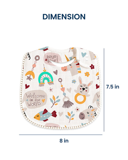 Polka Tots 100% Soft Muslin Cotton Bib With Lace Border-Two Push Buttons-Pack of 3-Multicolor-For Infants