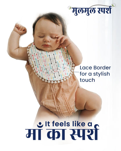 Polka Tots 100% Soft Muslin Cotton Bib With Lace Border-Two Push Buttons-Pack of 3-Multicolor-For Infants