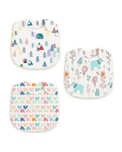 Polka Tots 100% Soft Muslin Cotton Bib With Lace Border-Two Push Buttons-Pack of 3-Bright-For Infants