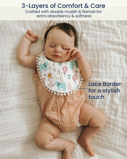 Polka Tots 100% Soft Muslin Cotton Bib With Lace Border-Two Push Buttons-Pack of 3-Bright-For Infants
