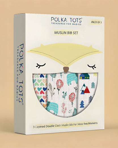 Polka Tots 100% Soft Muslin Cotton Bib With Lace Border-Two Push Buttons-Pack of 3-Bright-For Infants