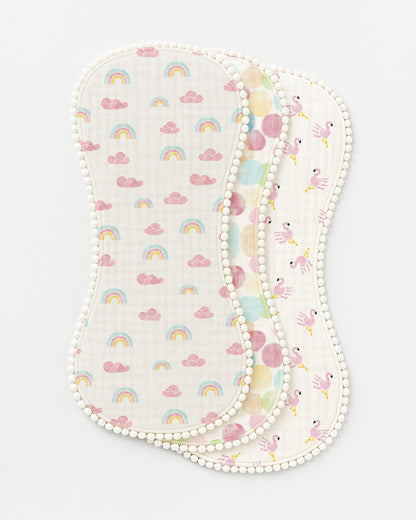 Polka Tots 100% Soft Muslin Cotton Burp Cloth With Lace Border-Pack of 3-Pastel-For Infants