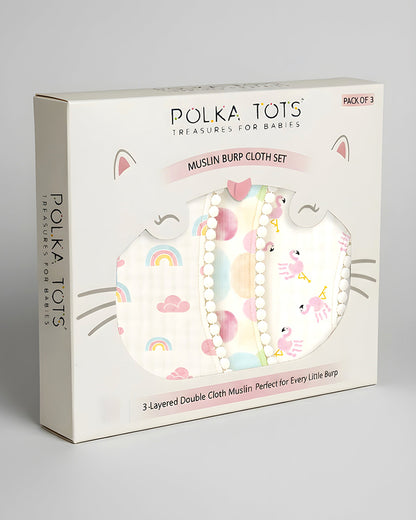 Polka Tots 100% Soft Muslin Cotton Burp Cloth With Lace Border-Pack of 3-Pastel-For Infants
