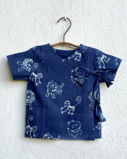 Whitewater Kids Indigo Jhabla-Half Sleeves-Animal Pattern-Organic Cotton-For Infants