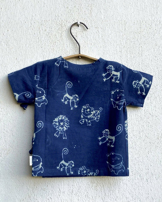 Whitewater Kids Indigo Jhabla-Half Sleeves-Animal Pattern-Organic Cotton-For Infants