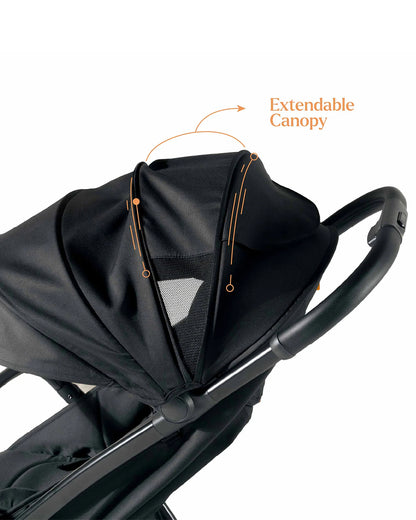 Loopie Hop Cabin Friendly Stroller-One Hand Fold-Flat Reclining Seat-Includes Mosquito Net-1 Year Warranty-For 0 to 4Y (Upto 22 Kg)-Black Charcoal