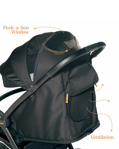 Loopie Hop Cabin Friendly Stroller-One Hand Fold-Flat Reclining Seat-Includes Mosquito Net-1 Year Warranty-For 0 to 4Y (Upto 22 Kg)-Black Charcoal