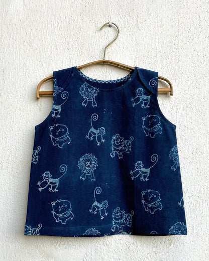 Whitewater Kids Indigo Top-Sleeveless-Animal Pattern-Organic Cotton-For Infants