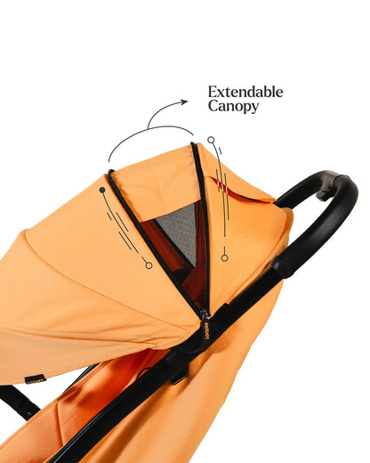 Loopie Hop Cabin Friendly Stroller-One Hand Fold-Flat Reclining Seat-Includes Mosquito Net-1 Year Warranty-For 0 to 4Y (Upto 22 Kg)-Orange Sunset