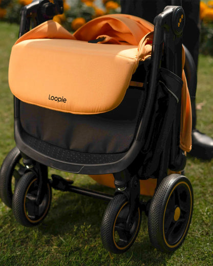 Loopie Hop Cabin Friendly Stroller-One Hand Fold-Flat Reclining Seat-Includes Mosquito Net-1 Year Warranty-For 0 to 4Y (Upto 22 Kg)-Orange Sunset