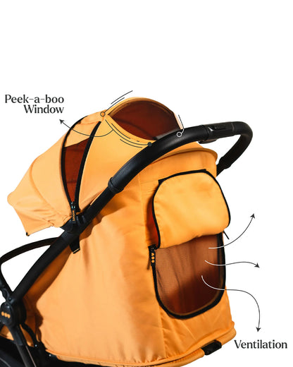 Loopie Hop Cabin Friendly Stroller-One Hand Fold-Flat Reclining Seat-Includes Mosquito Net-1 Year Warranty-For 0 to 4Y (Upto 22 Kg)-Orange Sunset