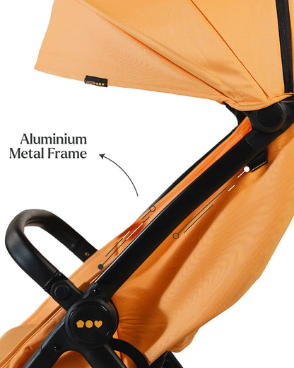 Loopie Hop Cabin Friendly Stroller-One Hand Fold-Flat Reclining Seat-Includes Mosquito Net-1 Year Warranty-For 0 to 4Y (Upto 22 Kg)-Orange Sunset