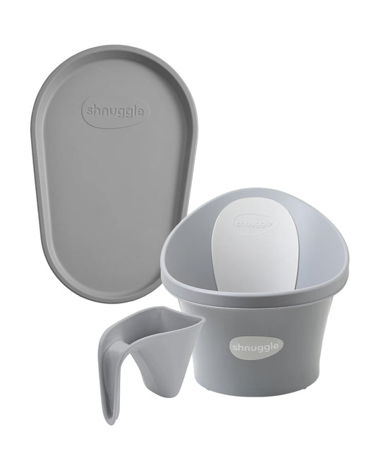 Shnuggle Newborn Bath Tub with Diaper Changing Mat & Bath Jug-0 to 12M-Pebble Grey
