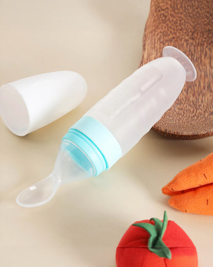 Kicks & Crawl Baby Squeeze Bottle Feeder-BPA Free-100% Food-Grade Silicone-0 to 100 ml-With Spoon Feeder Tip-Blue
