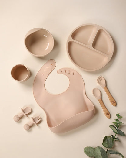 Kicks & Crawl Cream MunchMate Silicone Meal Set-8 Pieces-Suction Base & Divided Sections-Beige