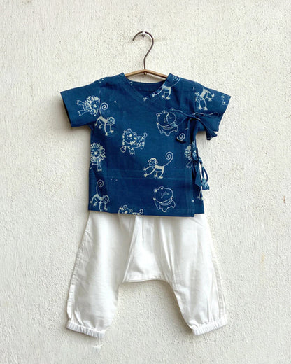 Whitewater Kids Indigo Jhabla Set-Half Sleeves-Animal Pattern-Organic Cotton-For Infants