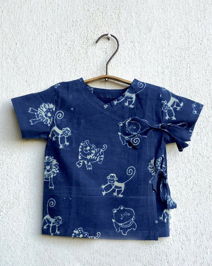 Whitewater Kids Indigo Jhabla Set-Half Sleeve-Animal Pattern-Organic Cotton-For Infants