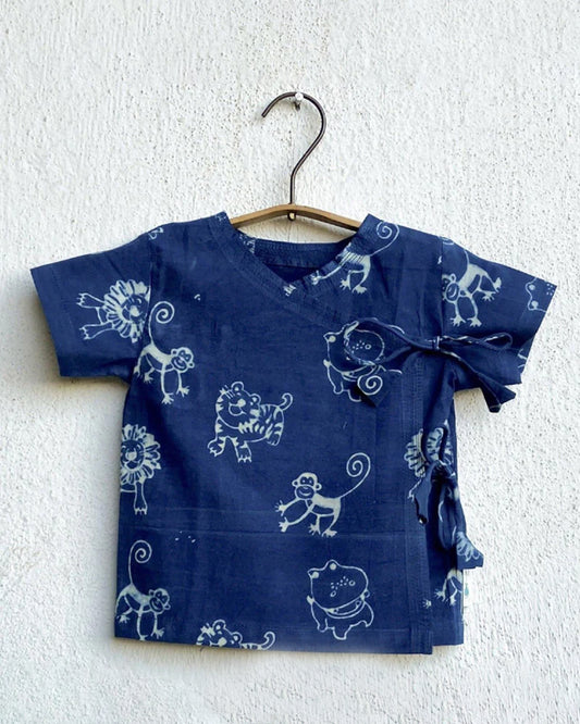 Whitewater Kids Indigo Jhabla Set-Half Sleeves-Animal Pattern-Organic Cotton-For Infants